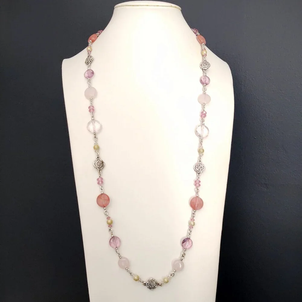 Shades of pink, purple with silver and faux pearl beaded necklace